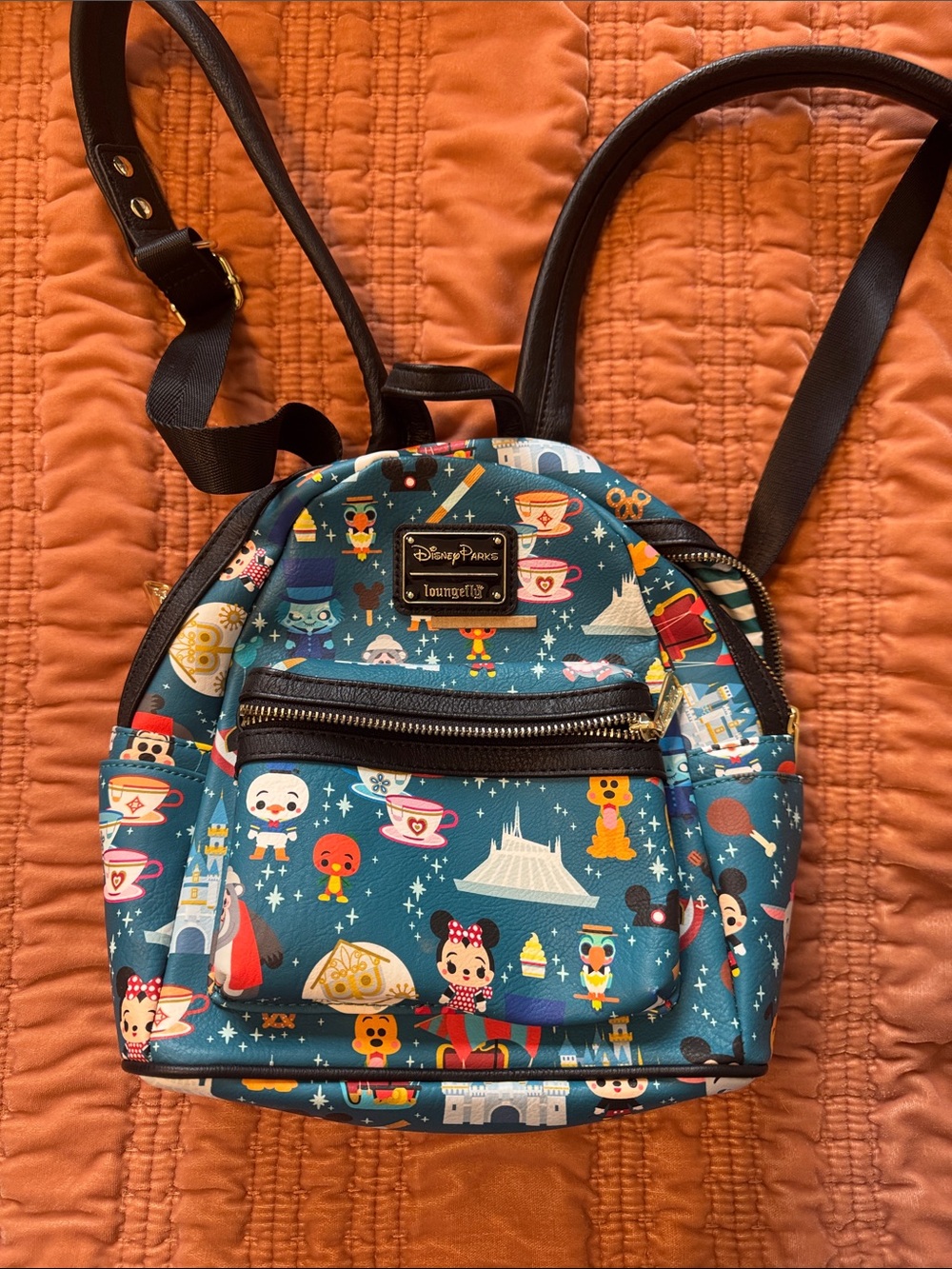 Loungefly Teal Disney Character Mini Backpack with Gold Plaque